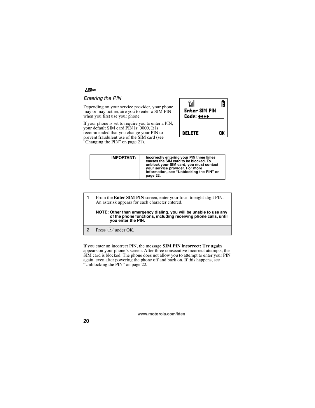 Motorola i30sx manual Entering the PIN 