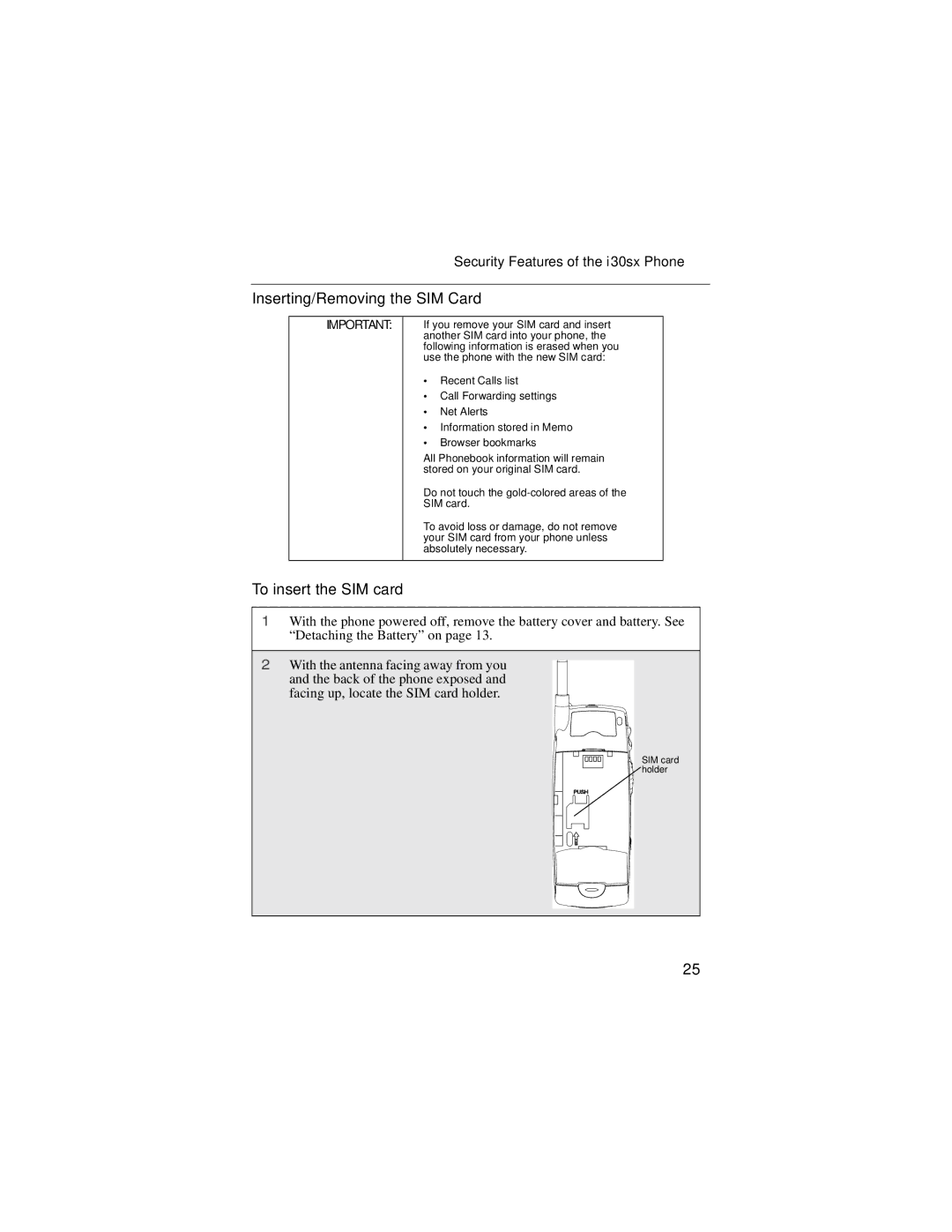 Motorola i30sx manual Inserting/Removing the SIM Card 