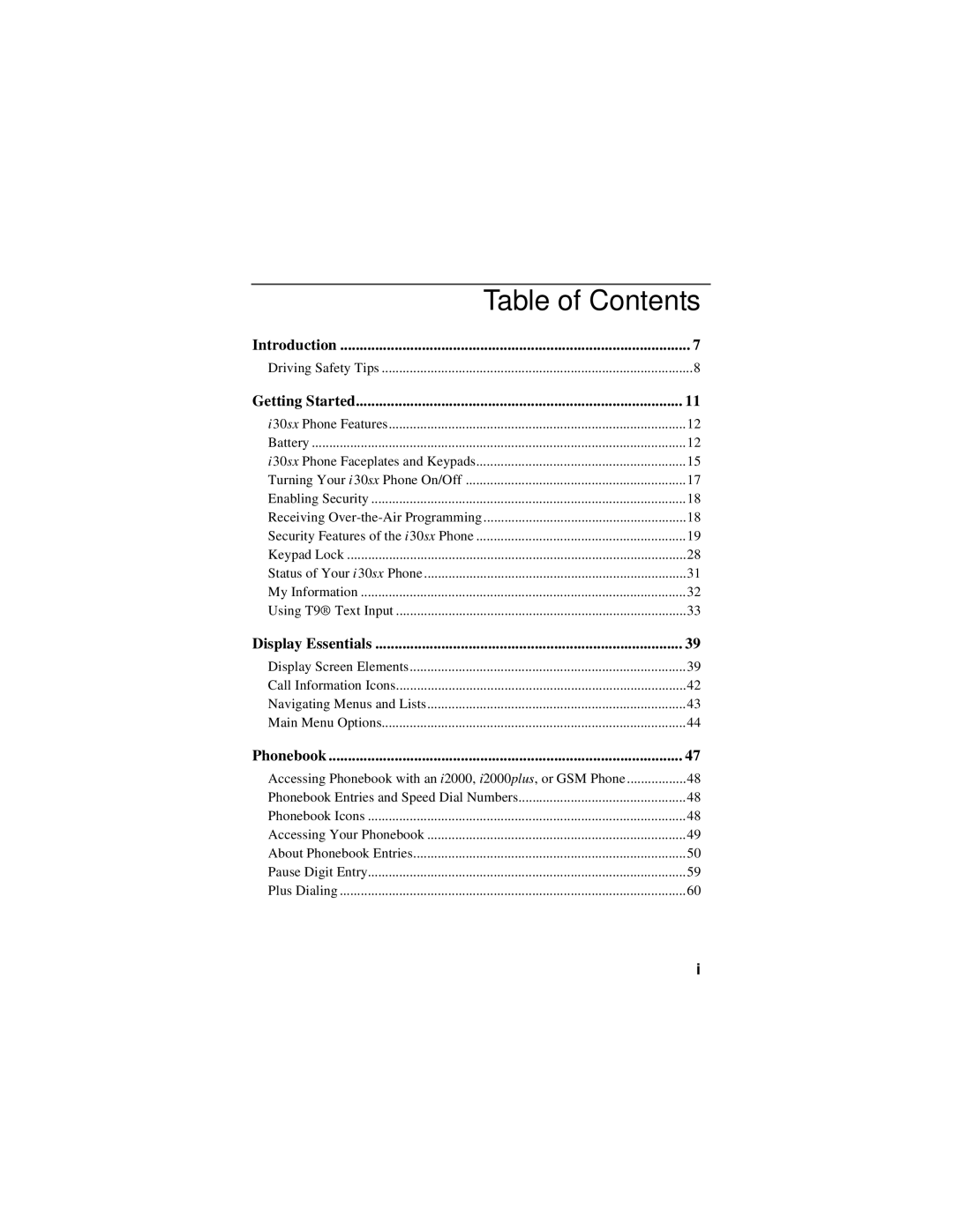 Motorola i30sx manual Table of Contents 