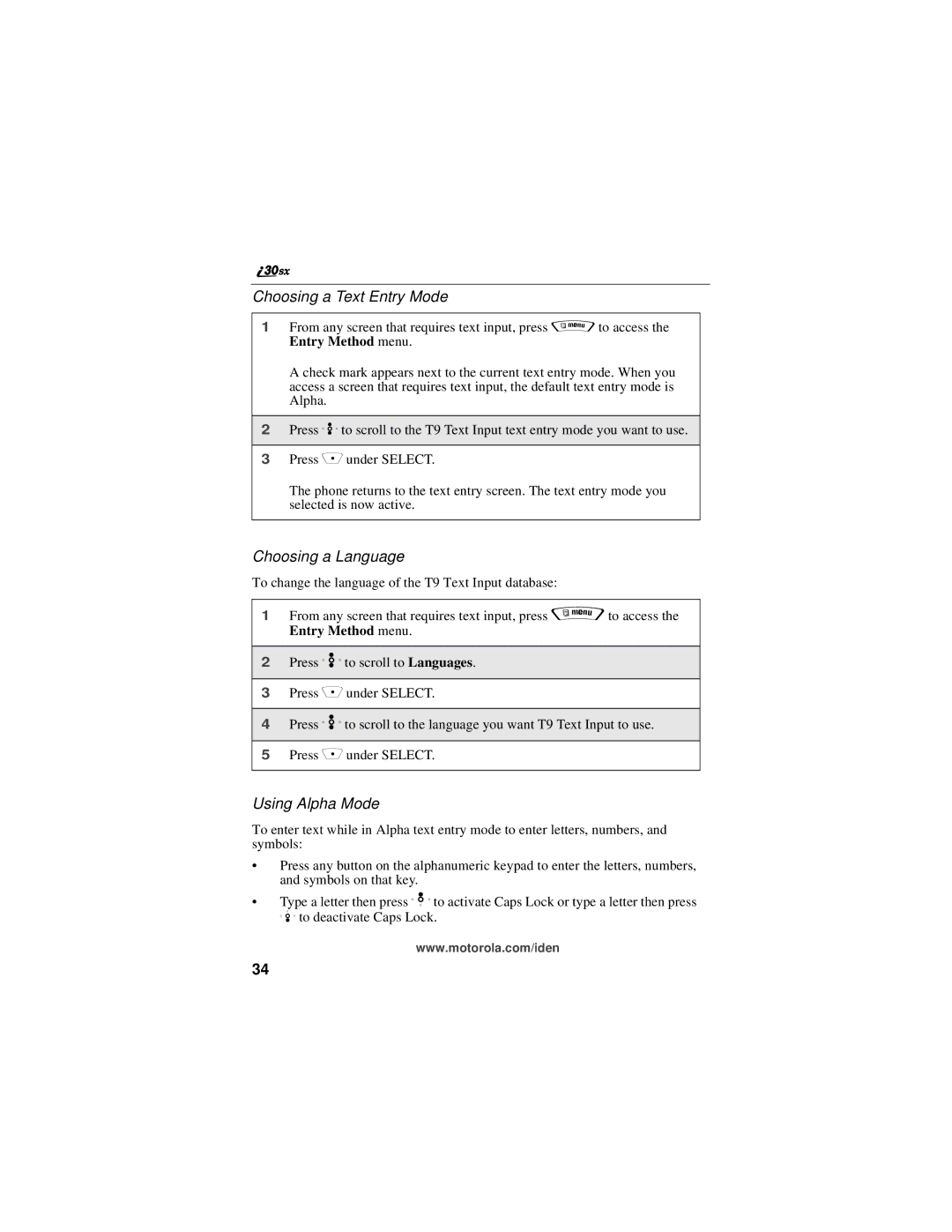 Motorola i30sx manual Choosing a Text Entry Mode, Choosing a Language, Using Alpha Mode 