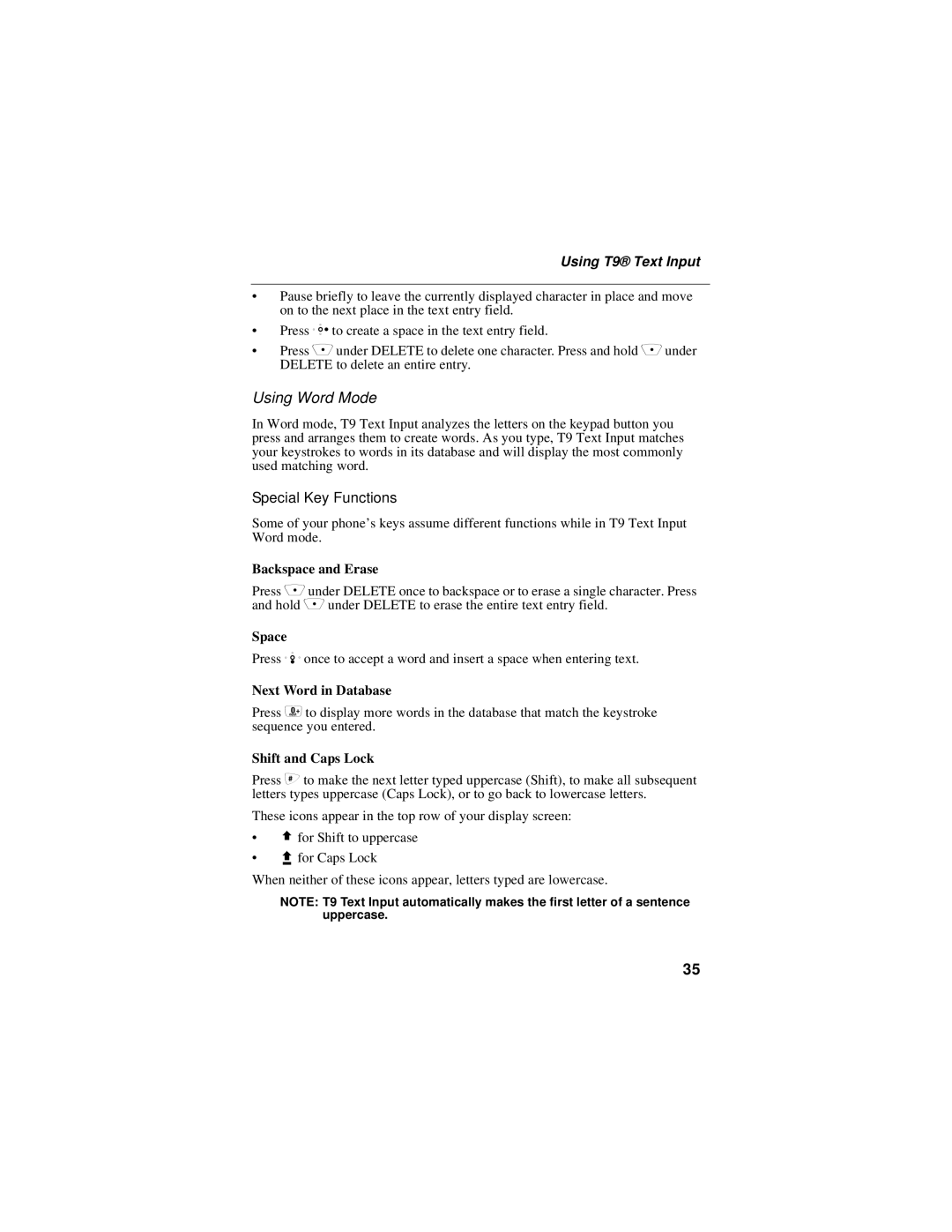 Motorola i30sx manual Using Word Mode, Backspace and Erase, Space, Next Word in Database, Shift and Caps Lock 