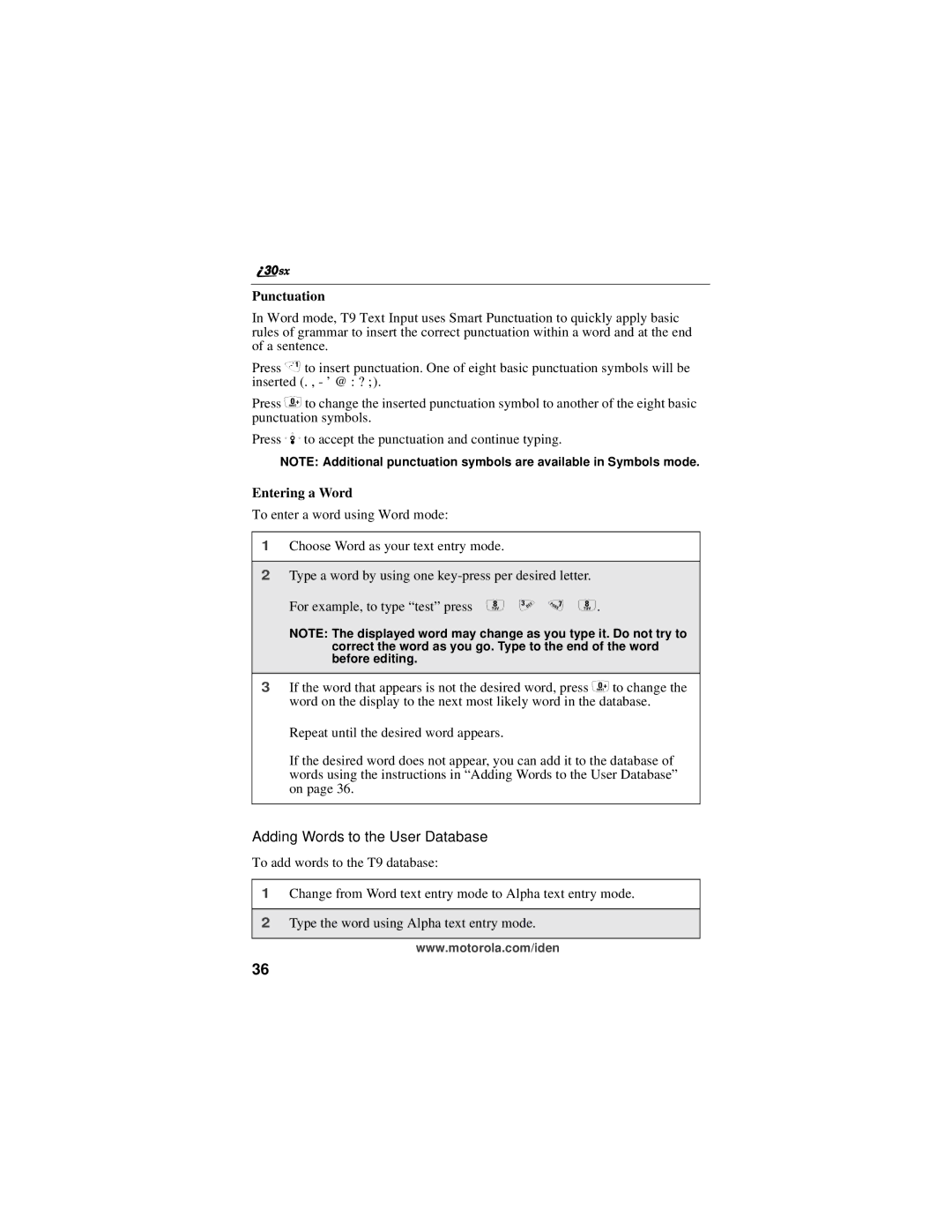 Motorola i30sx manual Punctuation, Entering a Word 