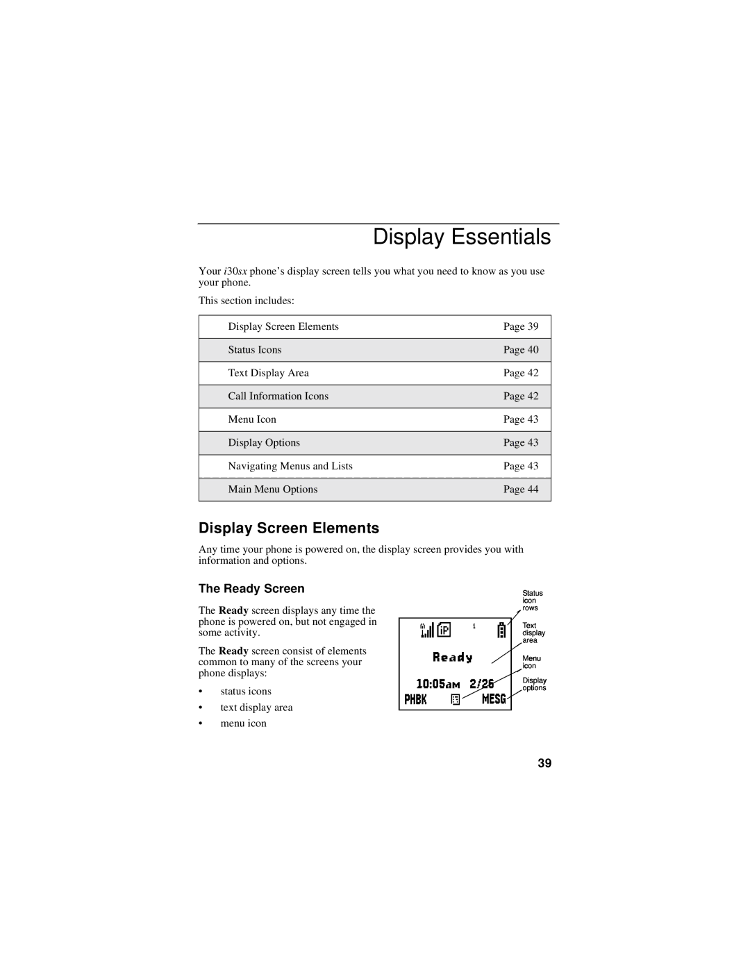 Motorola i30sx manual Display Essentials, Display Screen Elements, Ready Screen 