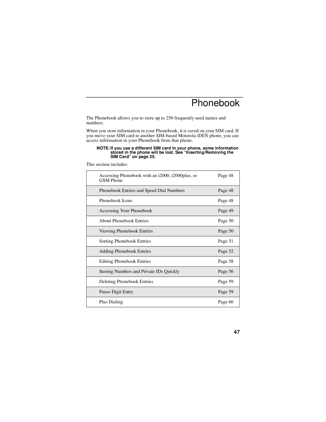 Motorola i30sx manual Phonebook 