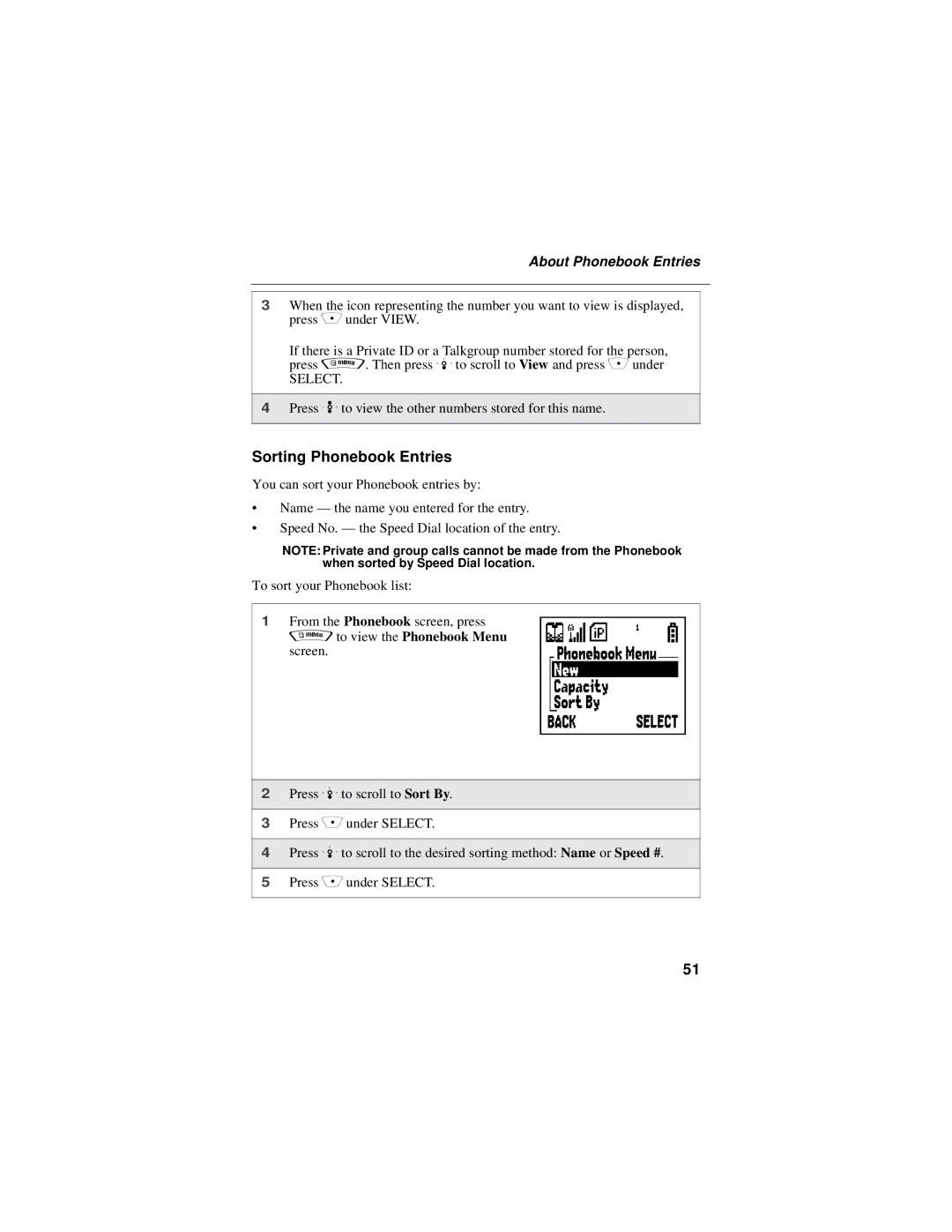 Motorola i30sx manual Sorting Phonebook Entries, To view the Phonebook Menu 