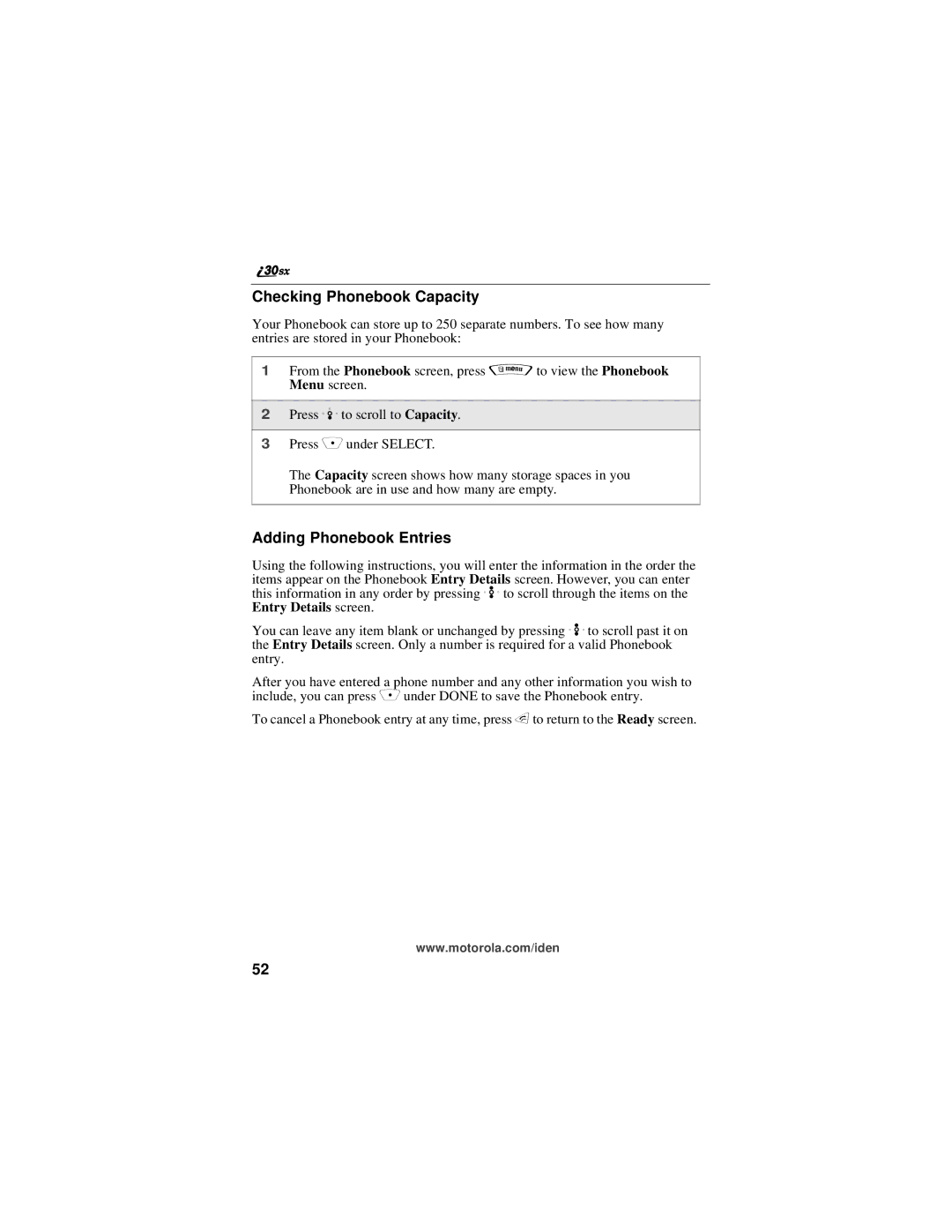 Motorola i30sx manual Checking Phonebook Capacity, Adding Phonebook Entries 