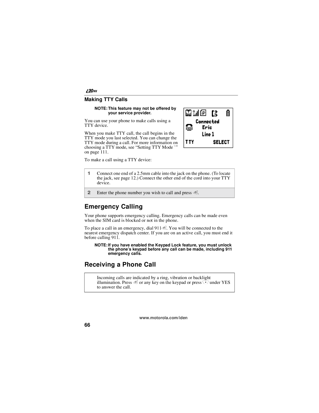 Motorola i30sx manual Emergency Calling, Receiving a Phone Call, Making TTY Calls 