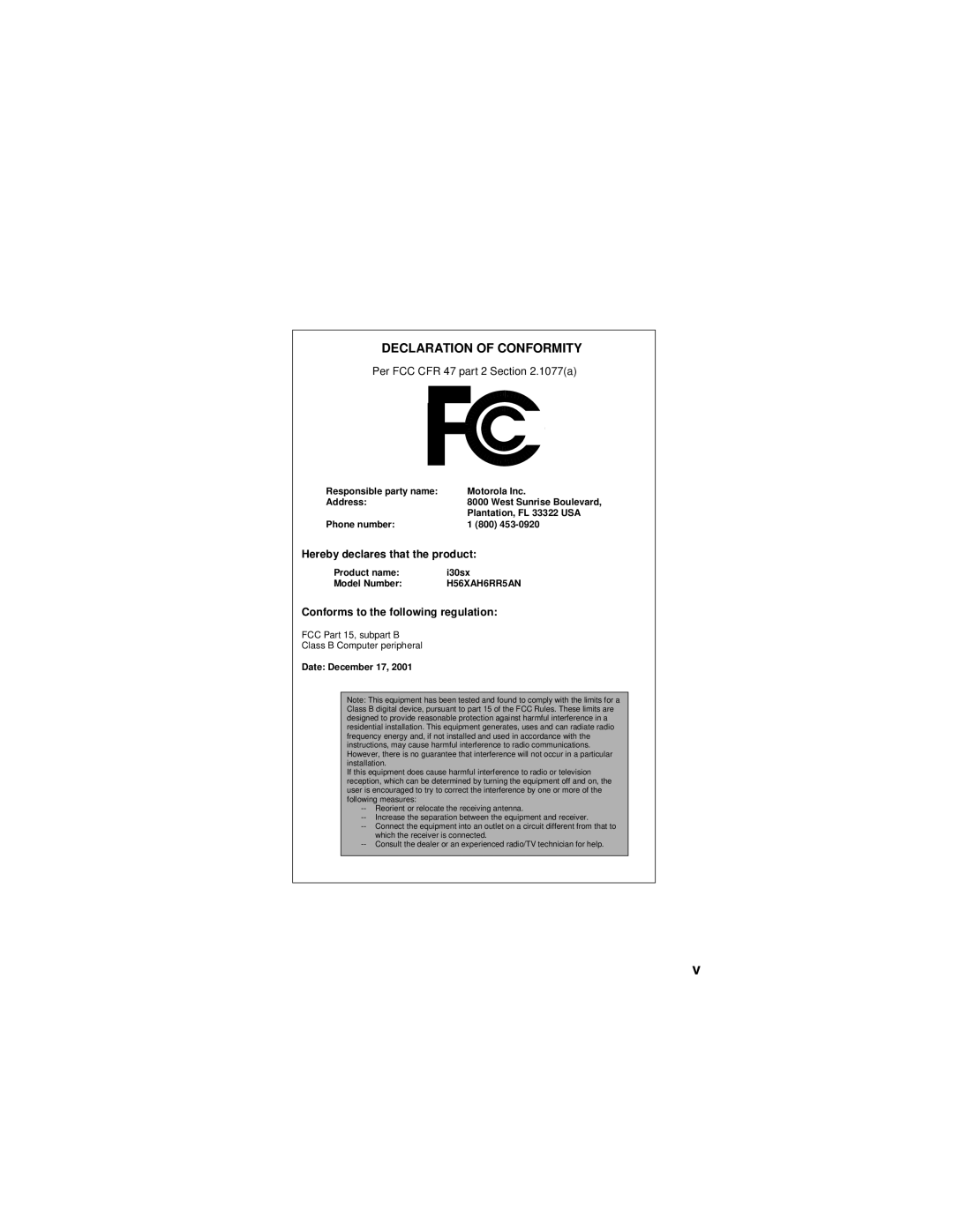 Motorola i30sx manual Declaration of Conformity 