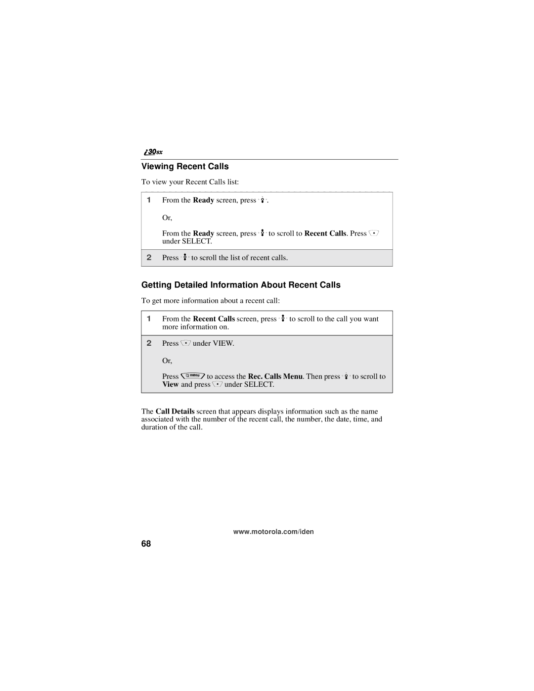 Motorola i30sx manual Viewing Recent Calls, Getting Detailed Information About Recent Calls 