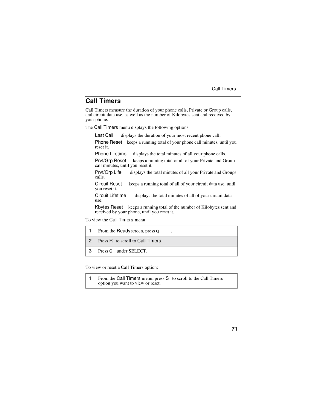 Motorola i30sx manual Call Timers 