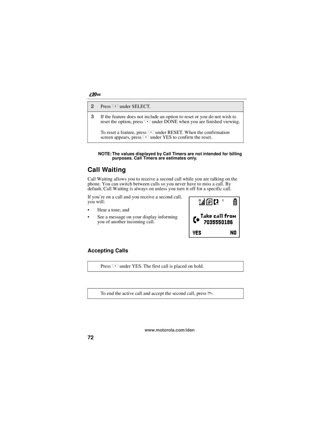 Motorola i30sx manual Call Waiting, Accepting Calls 