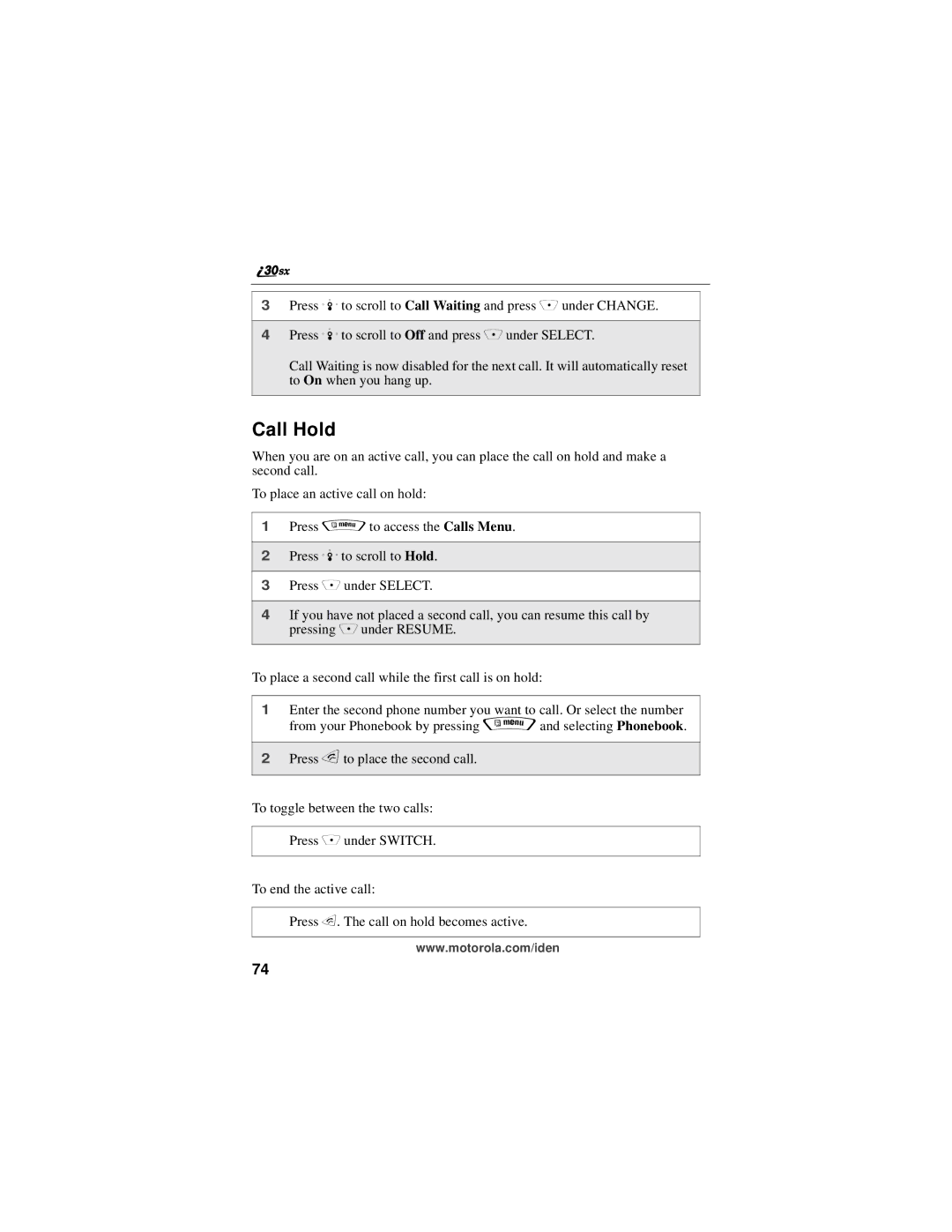 Motorola i30sx manual Call Hold 