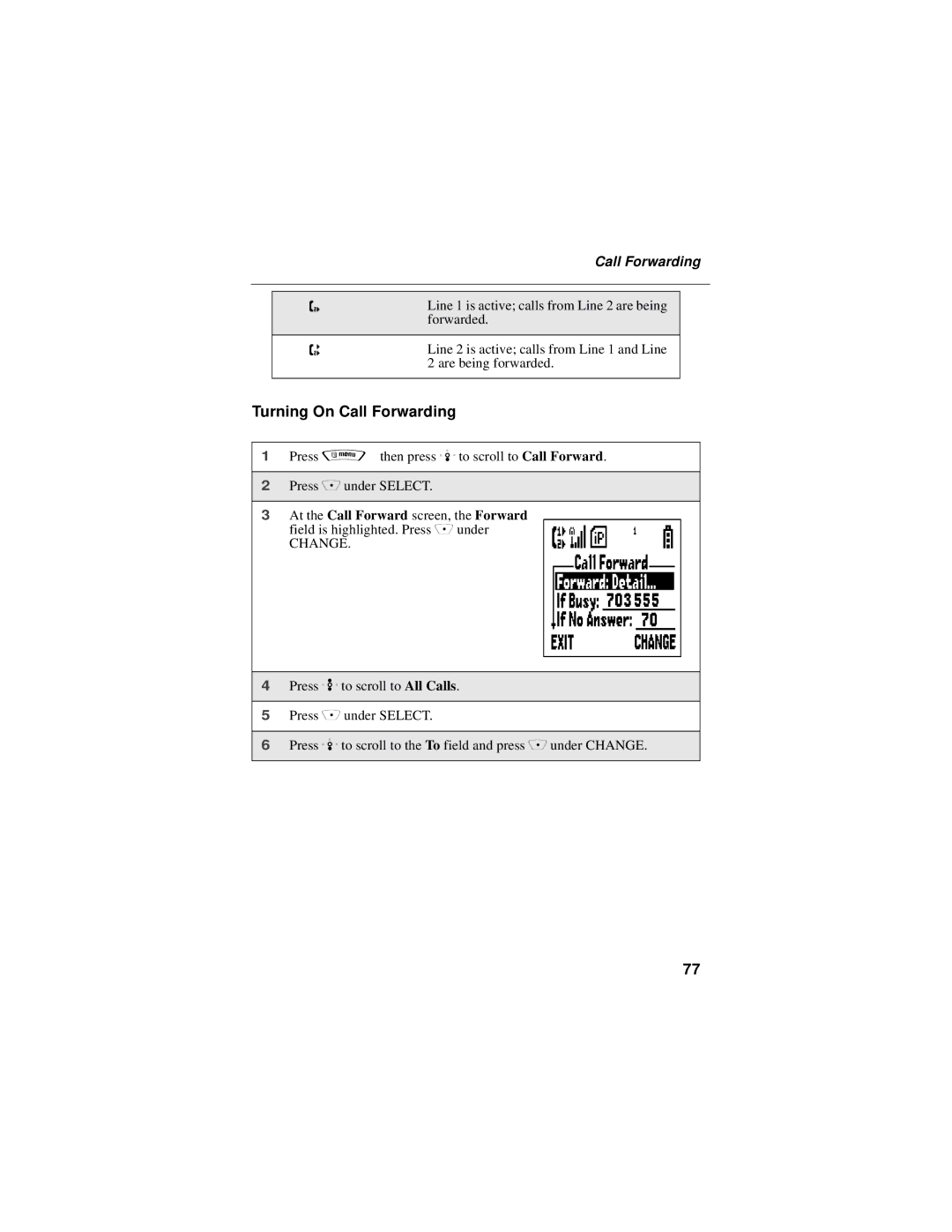 Motorola i30sx manual Turning On Call Forwarding, At the Call Forward screen, the Forward 