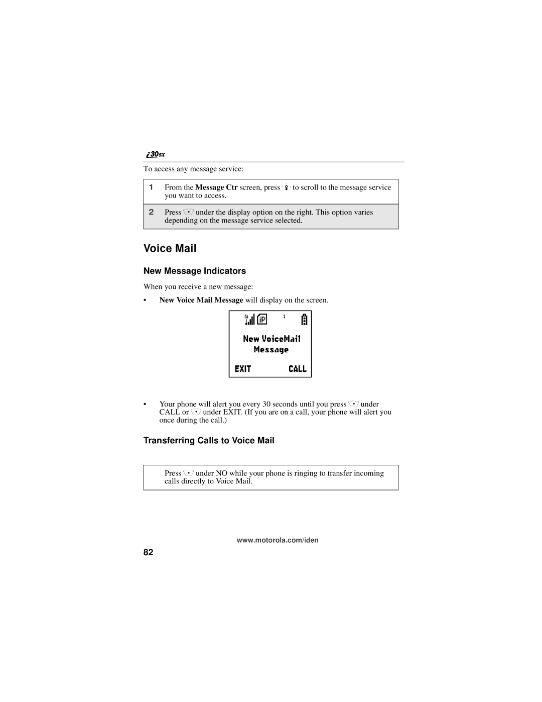 Motorola i30sx manual New Message Indicators, Transferring Calls to Voice Mail 