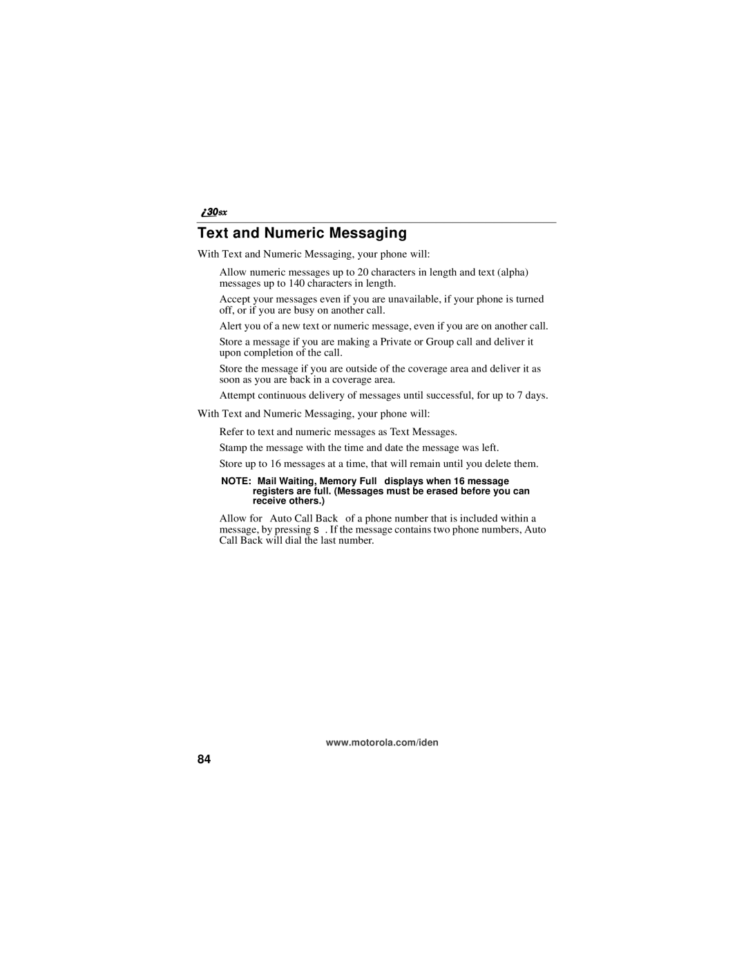 Motorola i30sx manual Text and Numeric Messaging 