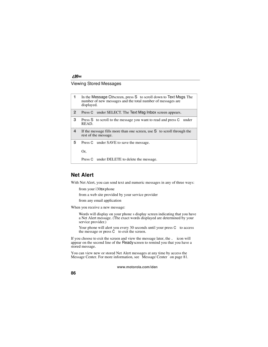 Motorola i30sx manual Net Alert, Viewing Stored Messages 