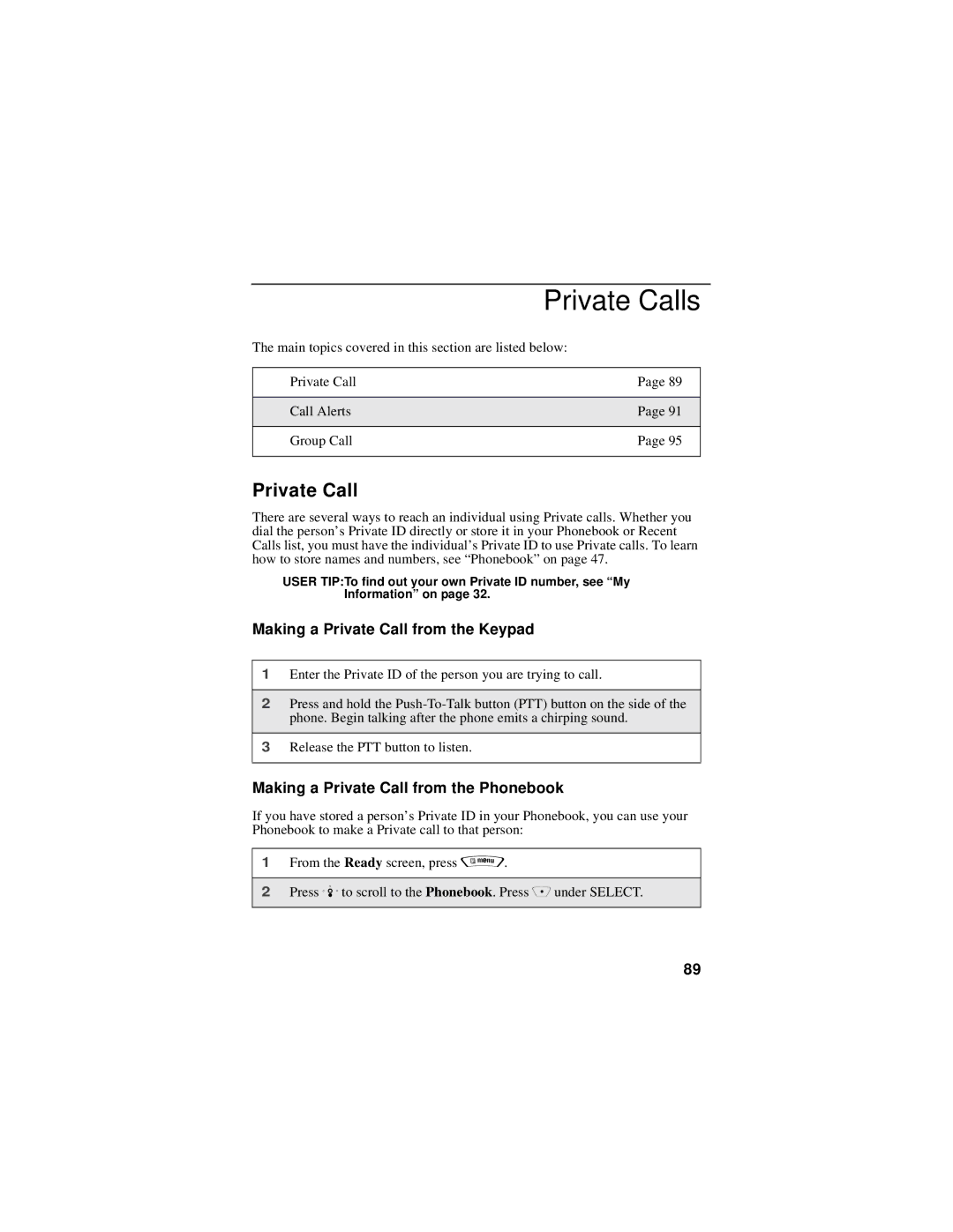 Motorola i30sx manual Private Calls, Making a Private Call from the Keypad, Making a Private Call from the Phonebook 