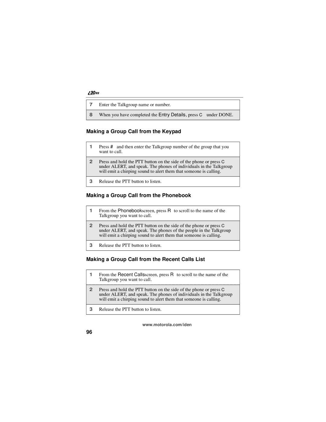 Motorola i30sx manual Making a Group Call from the Keypad, Making a Group Call from the Phonebook 