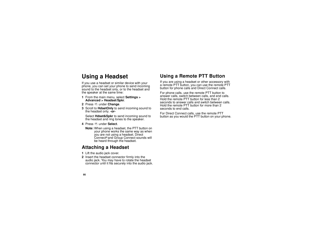 Motorola i315 manual Using a Headset, Attaching a Headset, Using a Remote PTT Button 