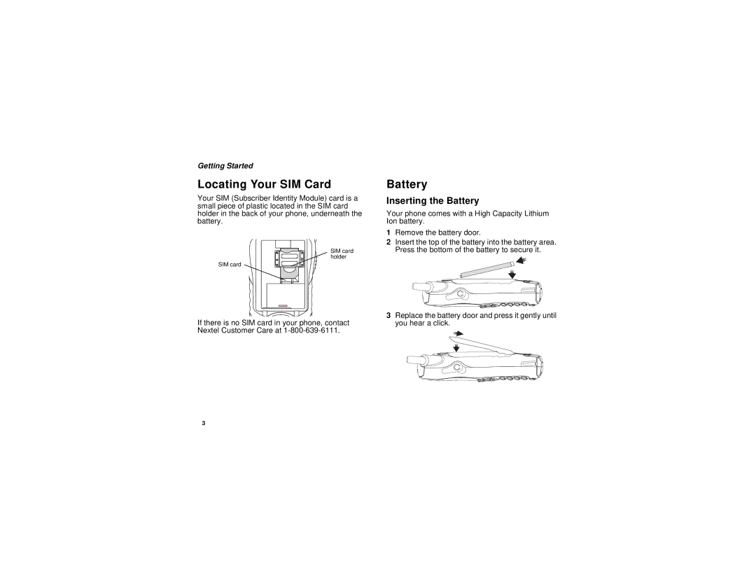 Motorola i315 manual Locating Your SIM Card, Inserting the Battery, Getting Started 