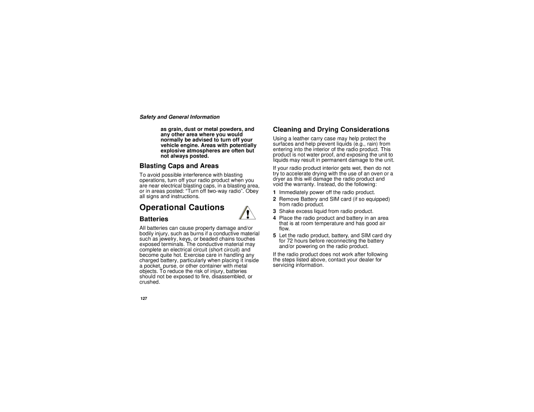 Motorola i315 manual Operational Cautions, Blasting Caps and Areas, Batteries, Cleaning and Drying Considerations 