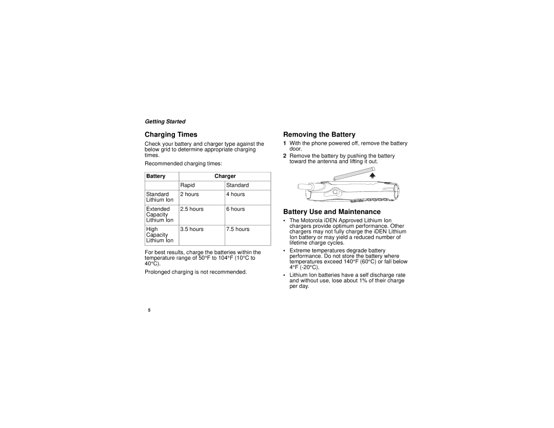 Motorola i315 manual Charging Times, Removing the Battery, Battery Use and Maintenance, Battery Charger 