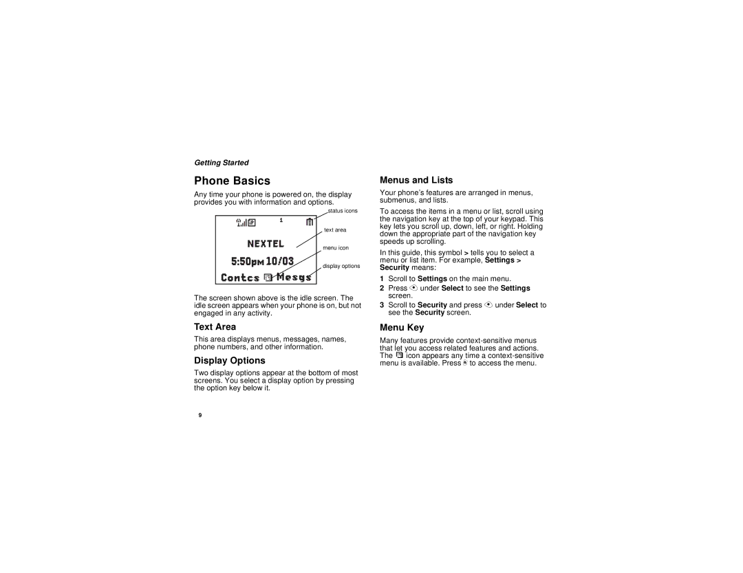 Motorola i315 manual Phone Basics, Text Area, Display Options, Menus and Lists, Menu Key 