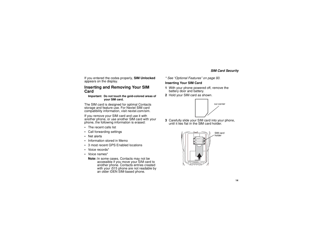 Motorola i315 manual Inserting and Removing Your SIM Card, Inserting Your SIM Card 