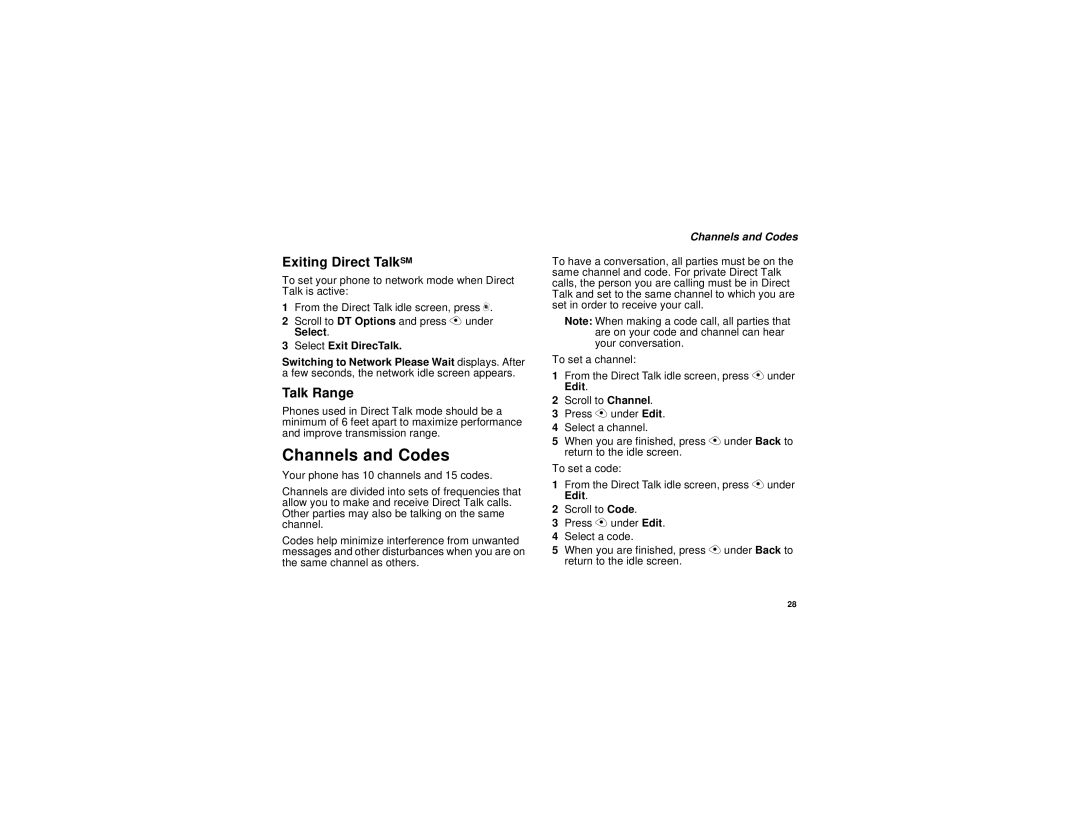 Motorola i315 manual Channels and Codes, Exiting Direct TalkSM, Talk Range, Select Exit DirecTalk 