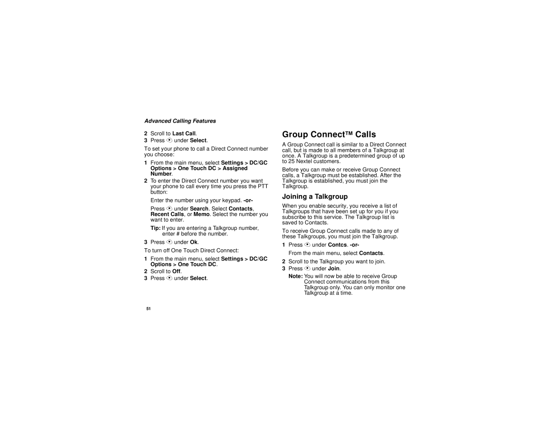 Motorola i315 manual Group ConnectTM Calls, Joining a Talkgroup, Options One Touch DC Assigned Number 