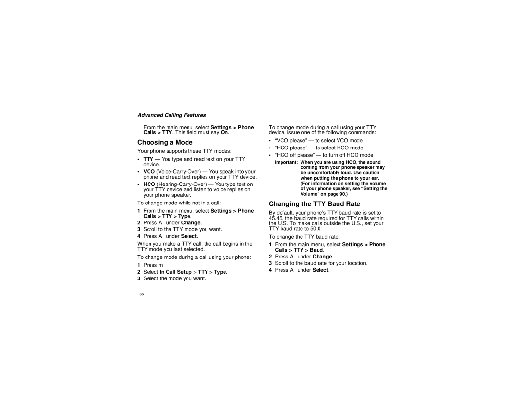 Motorola i315 manual Choosing a Mode, Changing the TTY Baud Rate, Select In Call Setup TTY Type 