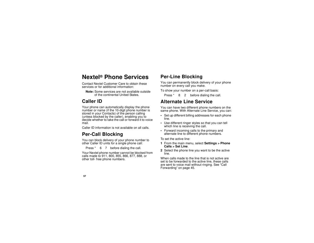 Motorola i315 manual Nextel Phone Services, Caller ID, Per-Call Blocking, Per-Line Blocking, Alternate Line Service 