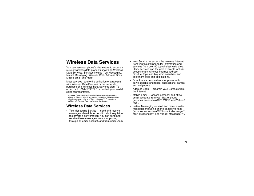 Motorola i315 manual Wireless Data Services 