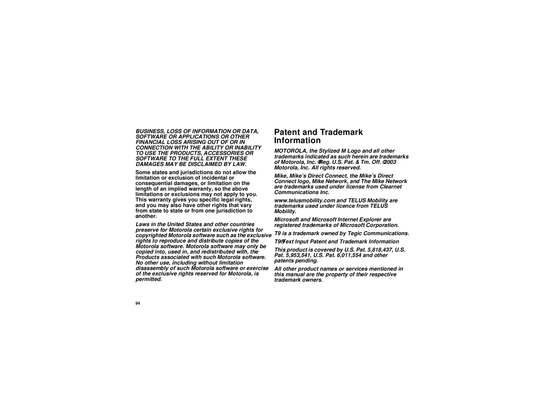 Motorola i315 manual Patent and Trademark Information 