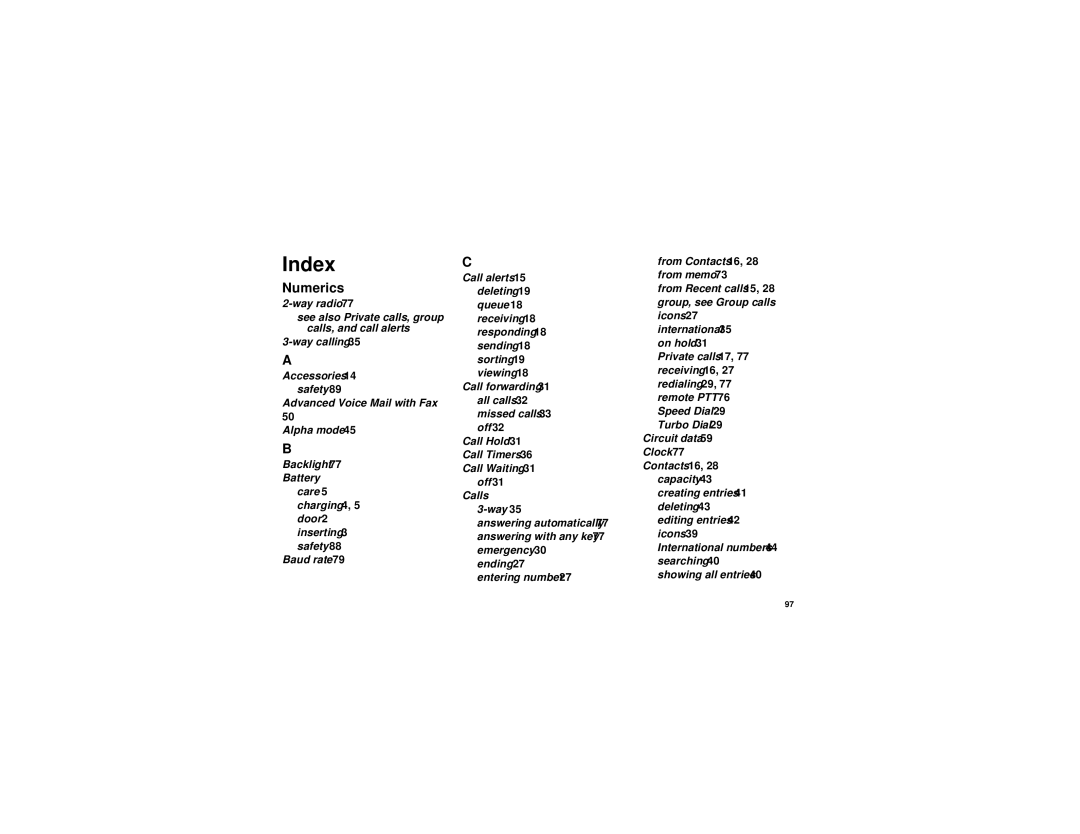 Motorola i315 manual Index, Numerics 