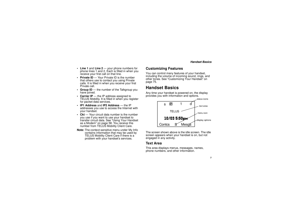 Motorola i315 manual Handset Basics, Customizing Features, Text Area, IP1 Address and IP2 Address the IP 