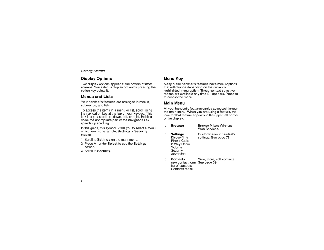 Motorola i315 manual Display Options, Menus and Lists, Menu Key, Main Menu 