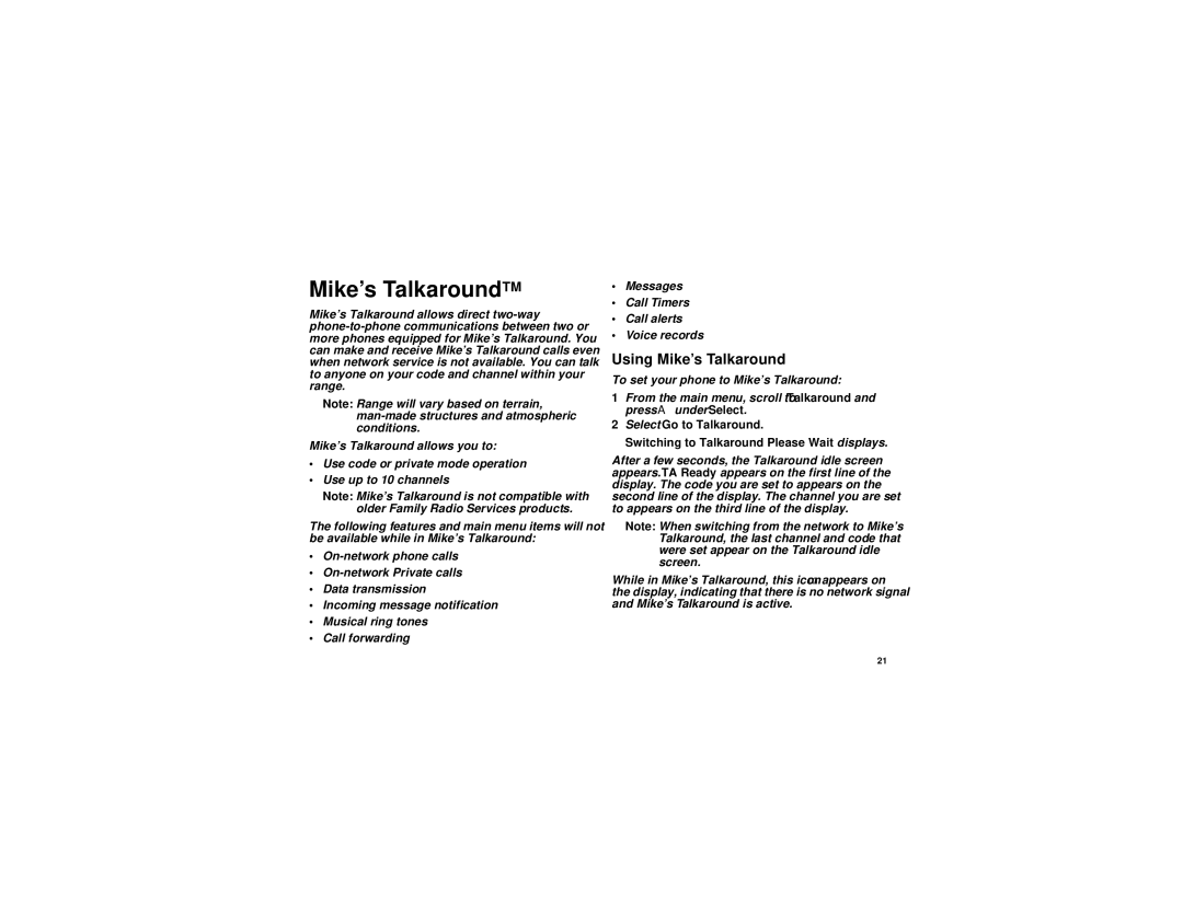 Motorola i315 manual Mike’s TalkaroundTM, Using Mike’s Talkaround 