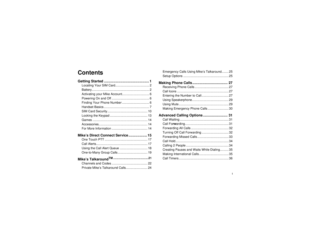 Motorola i315 manual Contents 