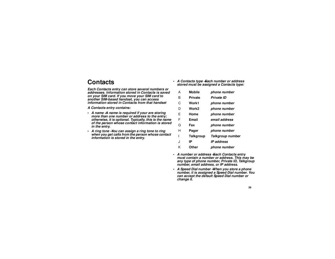 Motorola i315 manual Contacts 