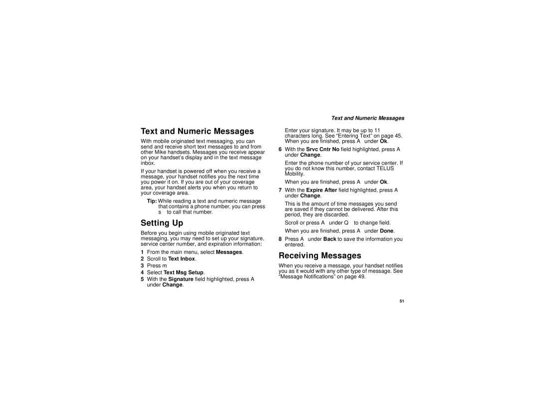 Motorola i315 manual Text and Numeric Messages, Setting Up, Receiving Messages, Select Text Msg Setup 