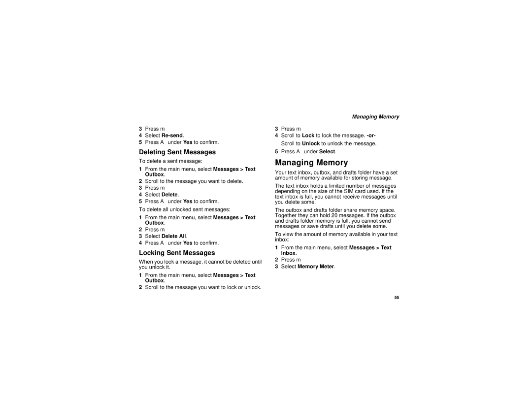Motorola i315 manual Managing Memory, Deleting Sent Messages, Locking Sent Messages, Select Memory Meter 