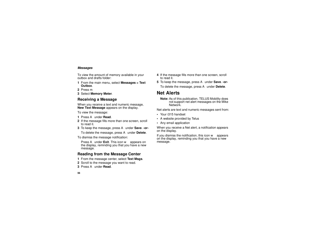 Motorola i315 manual Net Alerts, Receiving a Message, Reading from the Message Center 
