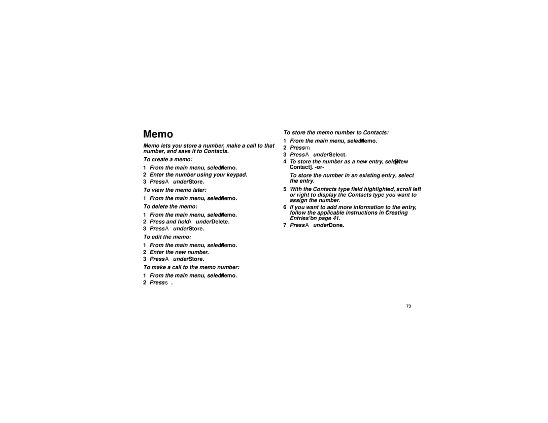 Motorola i315 manual Memo 