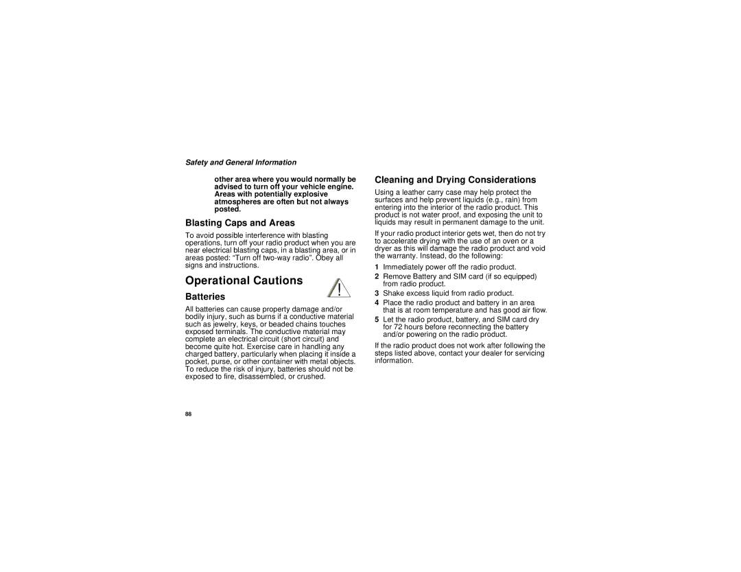 Motorola i315 manual Operational Cautions, Blasting Caps and Areas, Batteries, Cleaning and Drying Considerations 