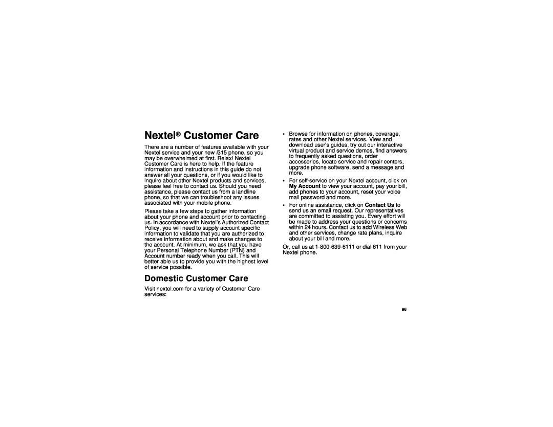 Motorola i315 manual Nextel Customer Care, Domestic Customer Care 