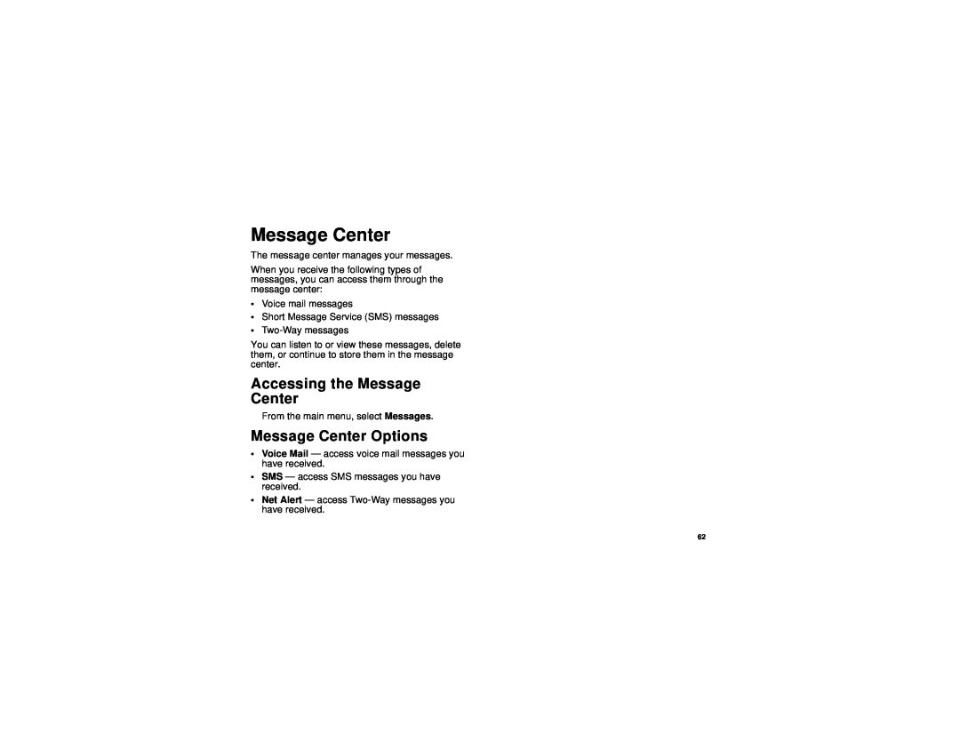 Motorola i315 manual Accessing the Message Center, Message Center Options 