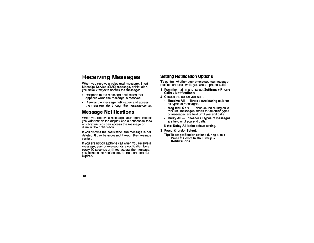 Motorola i315 manual Receiving Messages, Message Notifications, Setting Notification Options 
