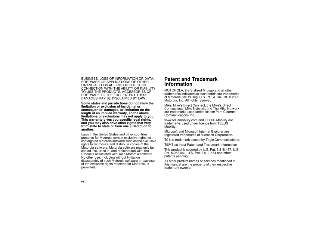 Motorola i315 manual Patent and Trademark Information 