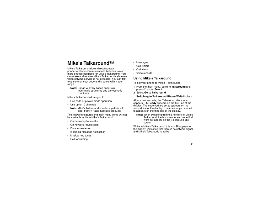 Motorola i315 manual Mike’s TalkaroundTM, Using Mike’s Talkaround 